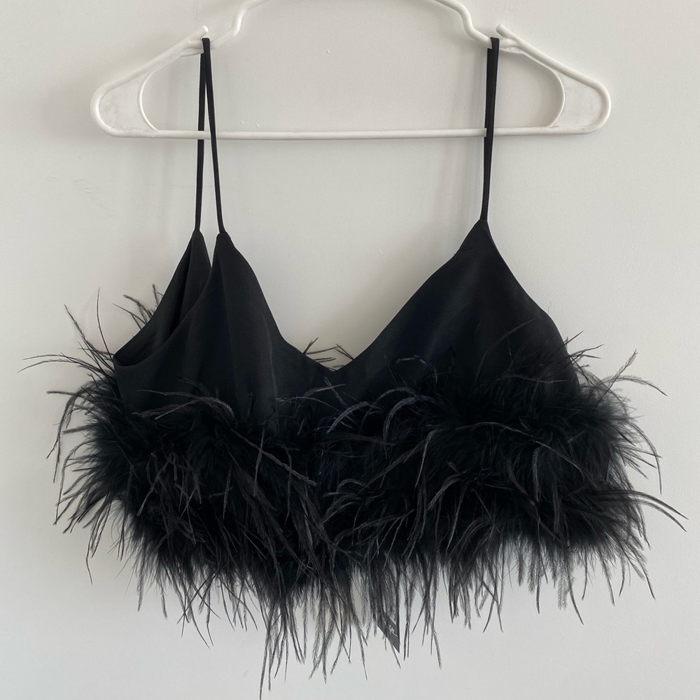 Nasty Gal Black Feather Trim Co ord Top, Size 8 (US)